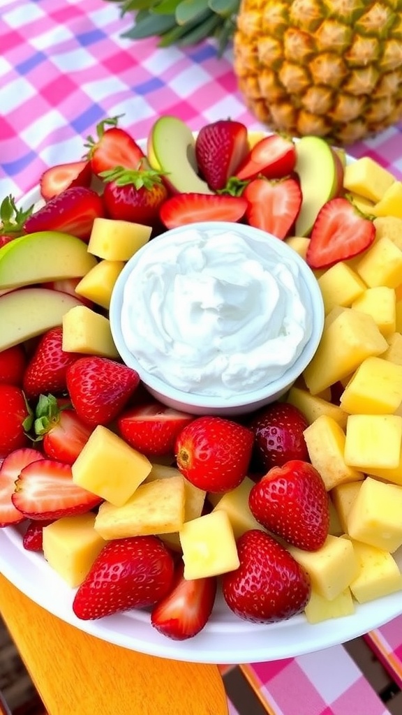 A bowl of creamy Cool Whip fruit dip surrounded by fresh fruits like strawberries and apple slices on a picnic table.